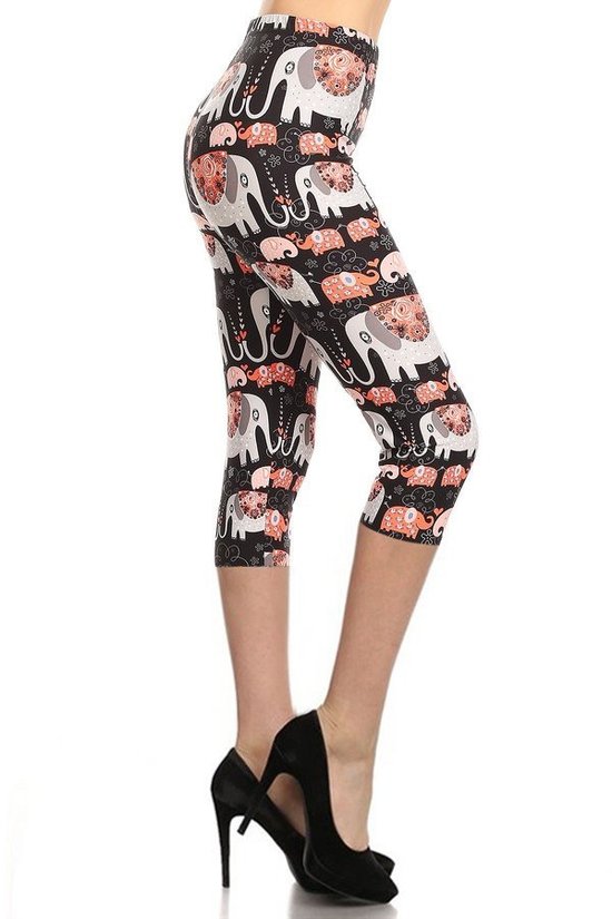 Elephants Printed, High Waisted Capri Leggings In A Fitted Style With An Elastic Waistband