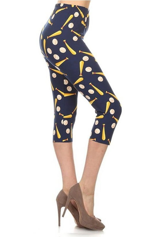 Os Baseball Printed, High Waisted Capri Leggings In A Fitted Style With An Elastic Waistband