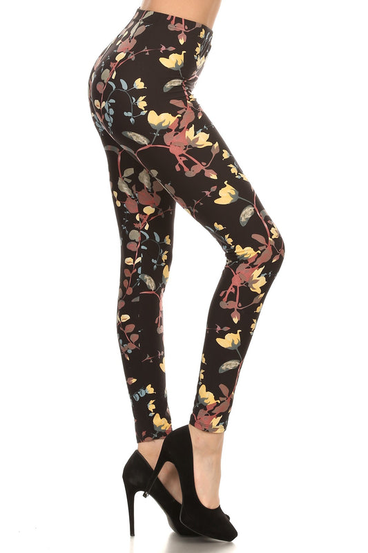 One size Vine Printed High Waisted Knit Leggings In Skinny Fit With Elastic Waistband